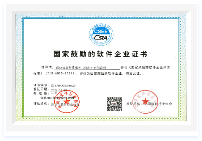 "Software Enterprise Encouraged by China" Certification